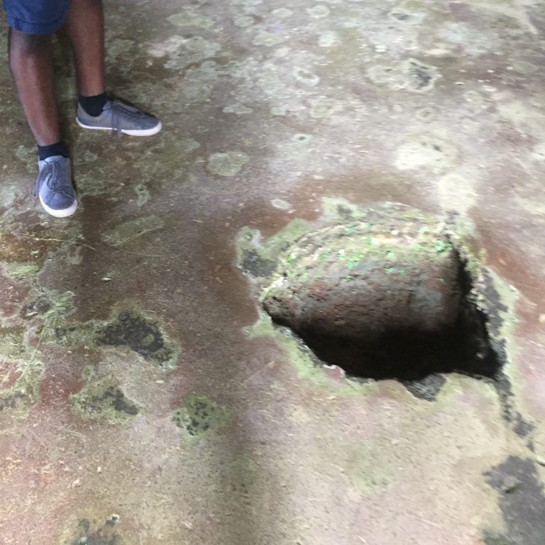 

<p></noscript><span>A hole in the ground used for punishing pregnant female slaves in the coffee plantation. The students also saw and touched the iron tools slave masters used for punishment and torture.</span></p>
<p>“><figcaption class=