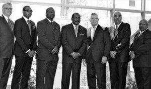 Kappa Alpha Psi Fraternity Inc. announced the fraternity will be celebrating its 100th anniversary July 2011 in Indiana. Pictured are speakers during the celebration kick-off and press conference. Left to right: Peter Smithhisler, president and CEO of the North-America Interfraternity Conference; Geordan Coleman, member; Eugene Murray, Indianapolis alumni chapter polemarch; Al White, grand keeper of records & exchequer for Kappa Alpha Psi; Don Welsh, president and CEO of the Indianapolis Convention and Visitors Association; Michael Owens, north central province polemarch; and Eugene Anderson, member. 