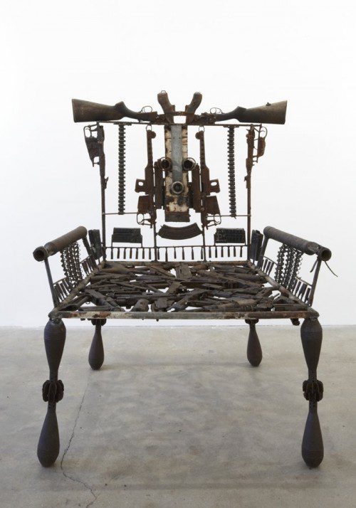

<p>A mask from Goncalo Mabunda’s recent exhibition in London. Mabunda, who has exhibited in Paris, Tokyo and Dusseldorf, is best known for his chairs, or “thrones,” representing power.</p>
<p>“><figcaption class=