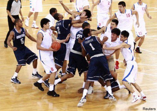

<p>Players from American Georgetown University men’s basketball<br />
team and China’s Bayi men’s basketball team fight during a<br />
basketball friendly game at the Beijing Olympic Basketball Arena<br />
August 18, 2011. REUTERS/China Daily (CHINA – Tags: SPORT<br />
BASKETBALL IMAGES OF THE DAY) CHINA OUT. NO COMMERCIAL OR EDITORIAL<br />
SALES IN CHINA</p>
<p>“><figcaption class=
