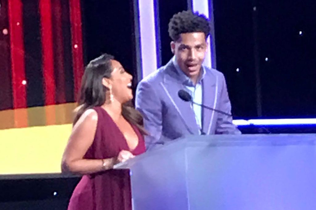 

<p>Adrienne Houghton of “The Real” and Marcus Scribner of “Black-ish” share a laugh at the 50th annual NAACP Image Awards. (Photo/Michael Twyman)</p>
<p>“><figcaption class=
