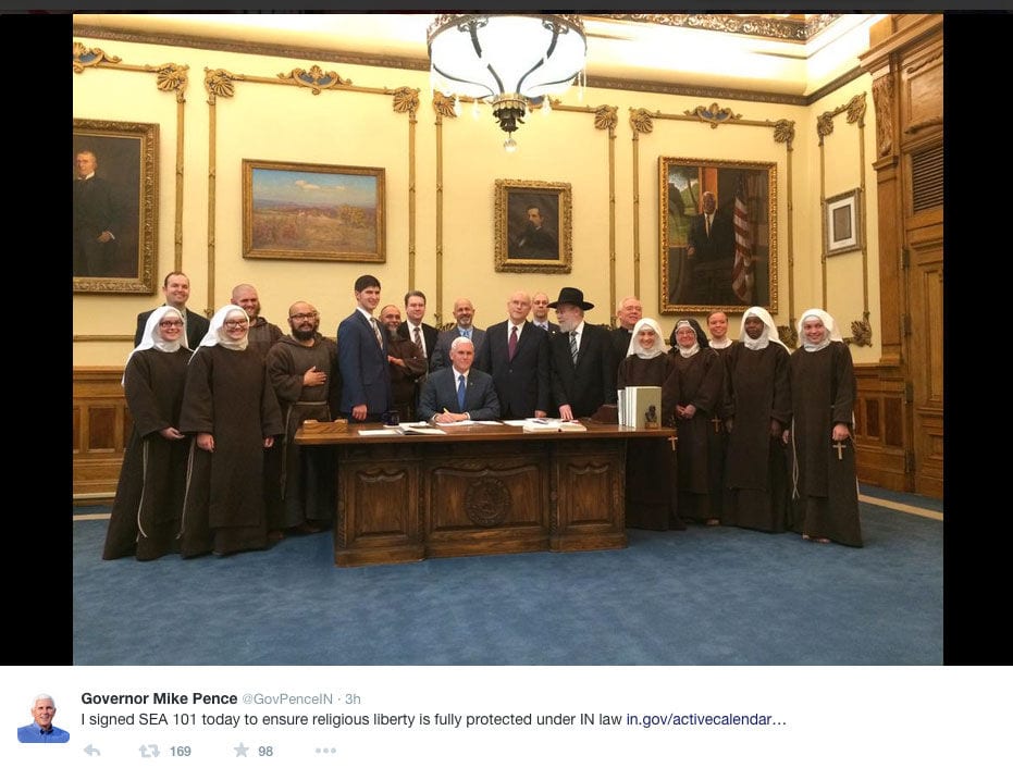 

<p></noscript>Republican Gov. Mike Pence tweeted this picture from @GovPenceIN, his official Twitter account, showing himself signing RFRA into law with a group of 11 men and seven robed women, six of whom wore headcoverings. The RFRA signing took place in a private ceremony and was closed to the press. </p>
<p>“><figcaption class=