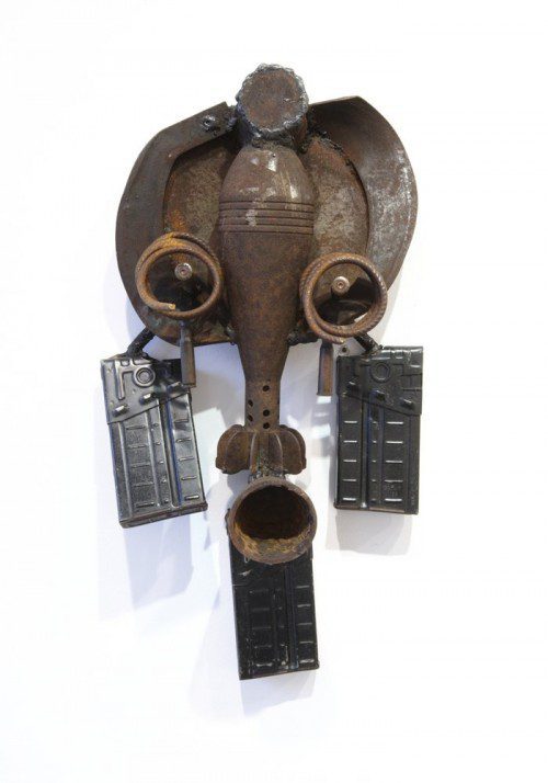 

<p>A mask from Goncalo Mabunda’s recent exhibition in London. Gallery owner Jack Bell says the work references traditional African art, as well as European modernist pioneers such as Pablo Picasso and Georges Braque.</p>
<p>“><figcaption class=