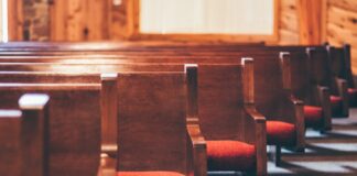 lined brown pew benches