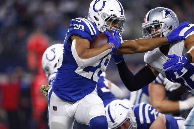 Indianapolis Colts running back Jonathan Taylor signs a contract extension in Oct. 2023; photo 2022; Jeff Brown