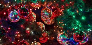 baubles on Christmas tree with turned-on lights