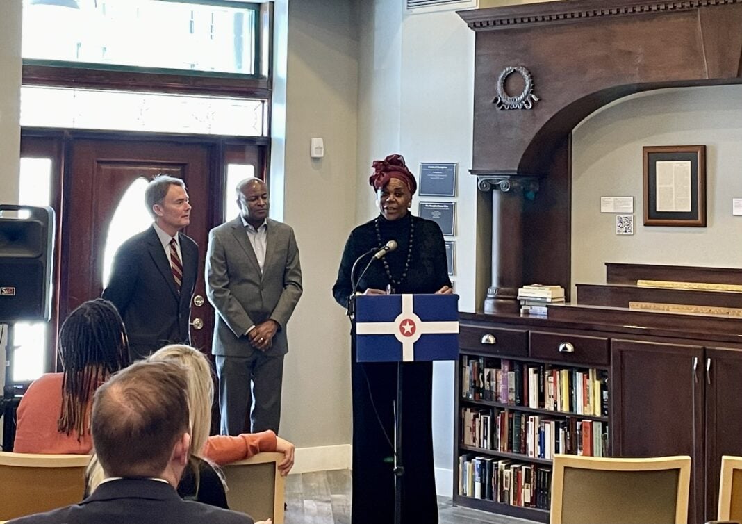 Claudia Polley, founder and president of Urban Legacy Land Initiative, spoke about the Indiana Avenue Certified Strategic Plan during a press conference at the Kurt Vonnegut Museum and Library Feb. 24.