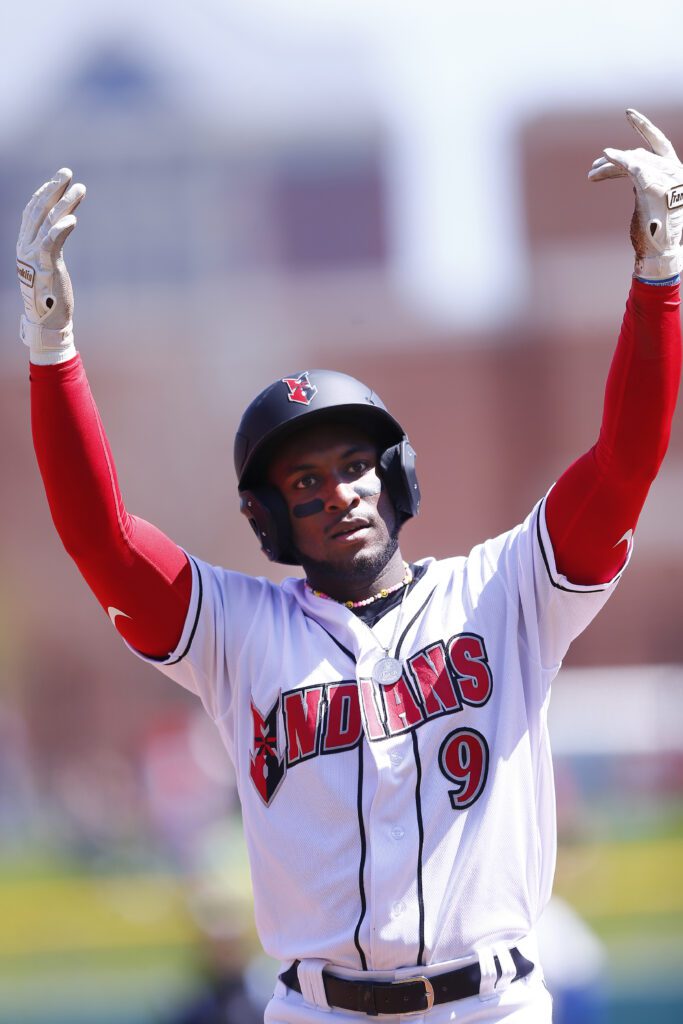 Indianapolis Indians outfielder Chavez Young (9) celebrates his triple during the Indianapolis Indians season opener between the Omaha Storm Chasers and the Indianapolis Indians on April 02, 2023 at Victory Field in Indianapolis, IN.(Photo by Jeff Brown/Indianapolis Recorder)