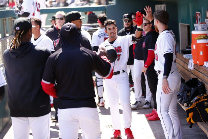 INDIANAPOLIS, IN - APRIL 02: Indianapolis Indians infielder Nick Gonzales (7) gets high fives after hitting his home run during a MiLB game between the Omaha Storm Chasers and the Indianapolis Indians on April 02, 2023 at Victory Field in Indianapolis, IN.(Photo by Jeff Brown/Indianapolis Recorder)