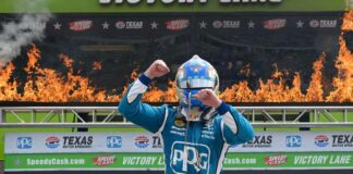 Indycar Race winner Josef Newgarden celebrates in Victory Lane at Texas Motor Speedway. (Photo/ Penske Entertainment) Indianapolis 500