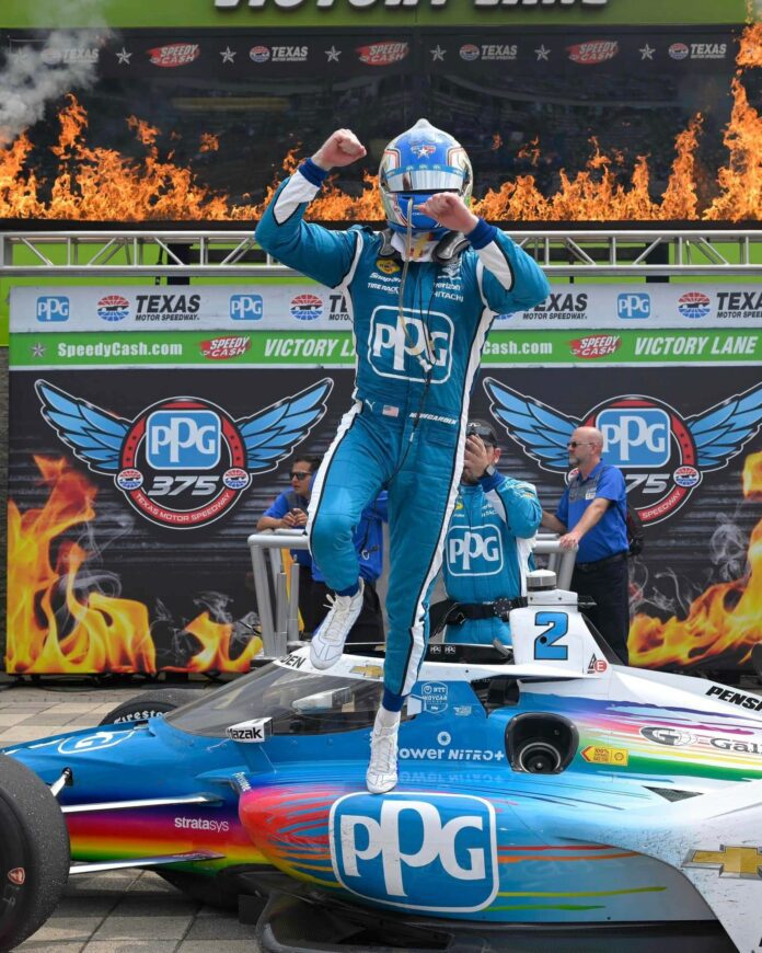 Indycar Race winner Josef Newgarden celebrates in Victory Lane at Texas Motor Speedway. (Photo/ Penske Entertainment) Indianapolis 500