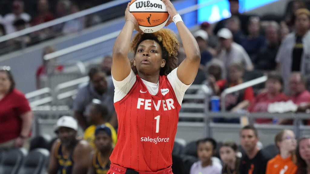 Indiana Fever forward NaLyssa Smith (1) in action as the Connecticut Sun played the Indiana Fever during a WNBA basketball game, Friday, May 19, 2023, in Indianapolis. (AP Photo/AJ Mast)