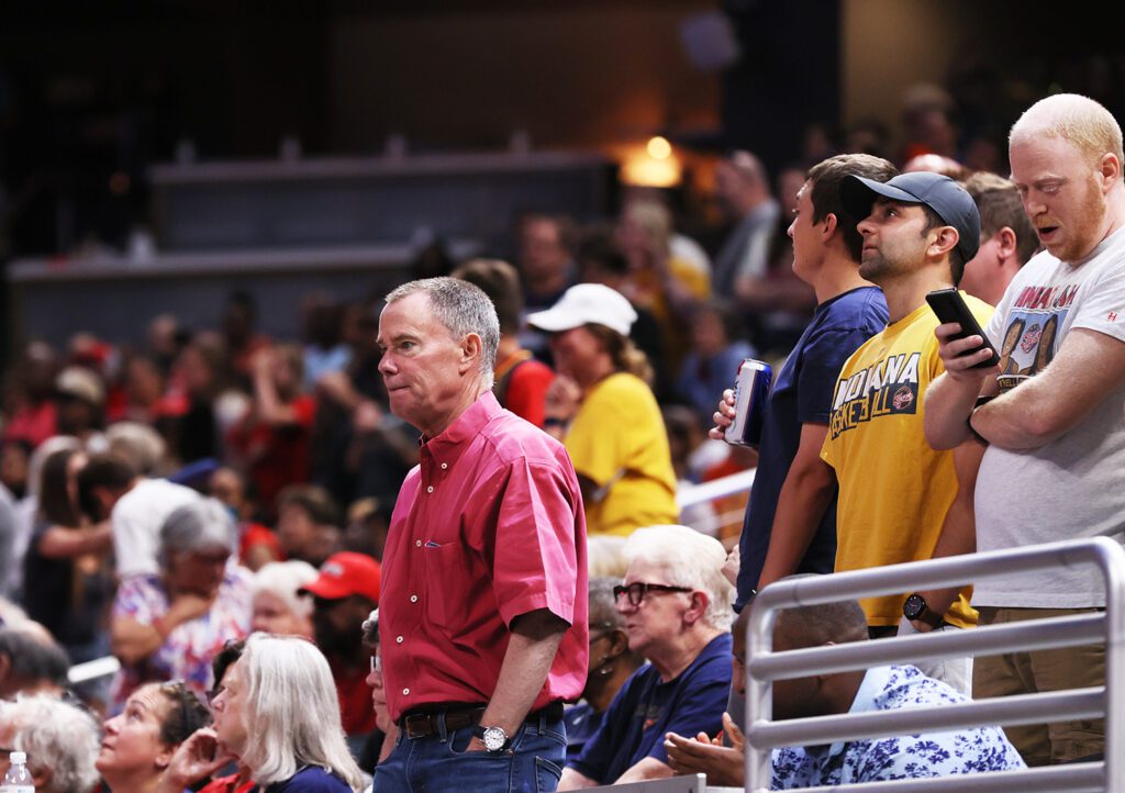 A photo of Indianapolis Mayor Joe Hogsett during the Indiana Fever game against the Chicago Sky on July 2 at Gainbridge Fieldhouse.