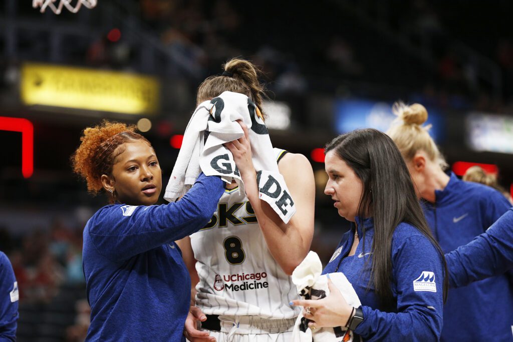 A photo of former Indiana Fever forward and current member of the Chicago Sky Alanna Smith after entering concussion protocol during a game against the Indiana Fever on July 2 at Gainbridge Fieldhouse.