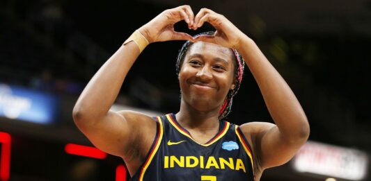 a photo Indiana Fever rookie center and 2023 all-star starter Aliyah Boston during a game against the Chicago Sky on July 2 at Gainbridge Fieldhouse.