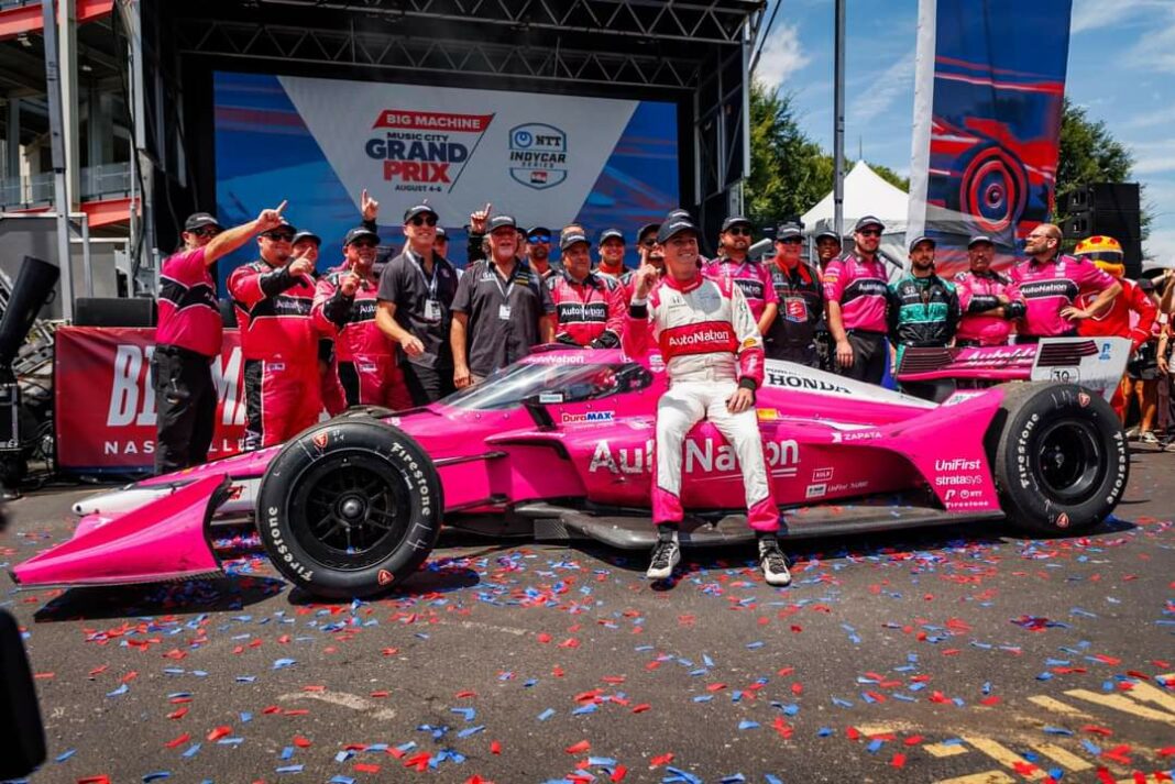 Kyle Kirkwood celebrates his victory at Nashville.