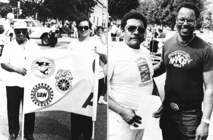 Union members gathered in Indianapolis to celebrate Labor Day and to emphasize the importance of unions. In the left photo, Columbus Mabry and Sue Leats carry the banner of the United Auto Workers Union, while at right Delarno Bryant of UAW and Charles Poindexter of the NAACP participate. September 5, 19383