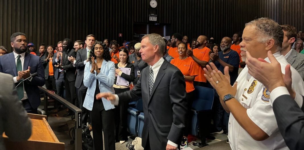 Mayor Joe Hogsett presents the 2024 budget that includes funding for a new diversity office. (Jill Sheridan/WFYI)