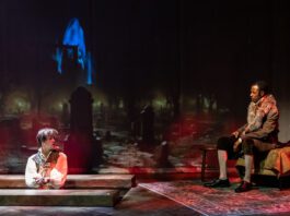 Ty Fanning, Andrea San Miguel, and Terry Bell in the IRT's 2023 production of Mary Shelley's Frankenstein. Photo by Zach Rosing.