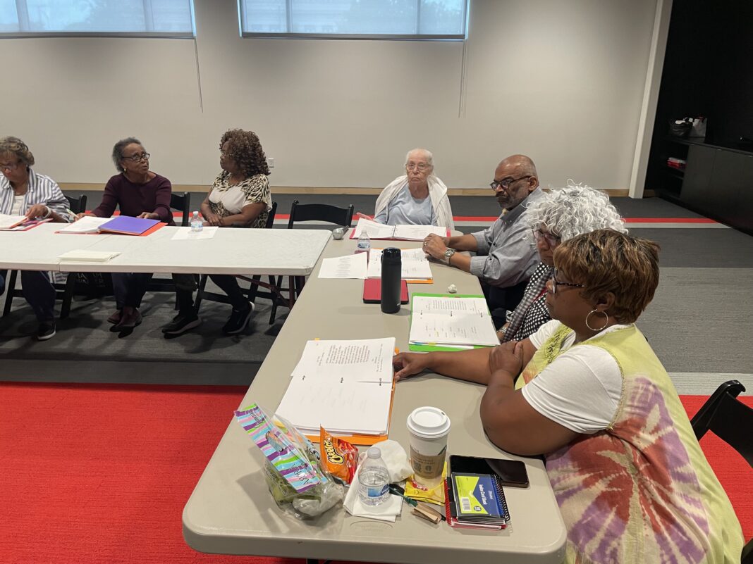 The cast of “Grandmothers, Incorporated” during a table read at the Phoenix Theatre Cultural Center in Downtown Indianapolis on Sept. 7, 2023. (Photos/Chloe McGowan)