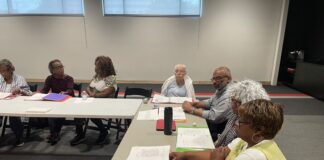 The cast of “Grandmothers, Incorporated” during a table read at the Phoenix Theatre Cultural Center in Downtown Indianapolis on Sept. 7, 2023. (Photos/Chloe McGowan)