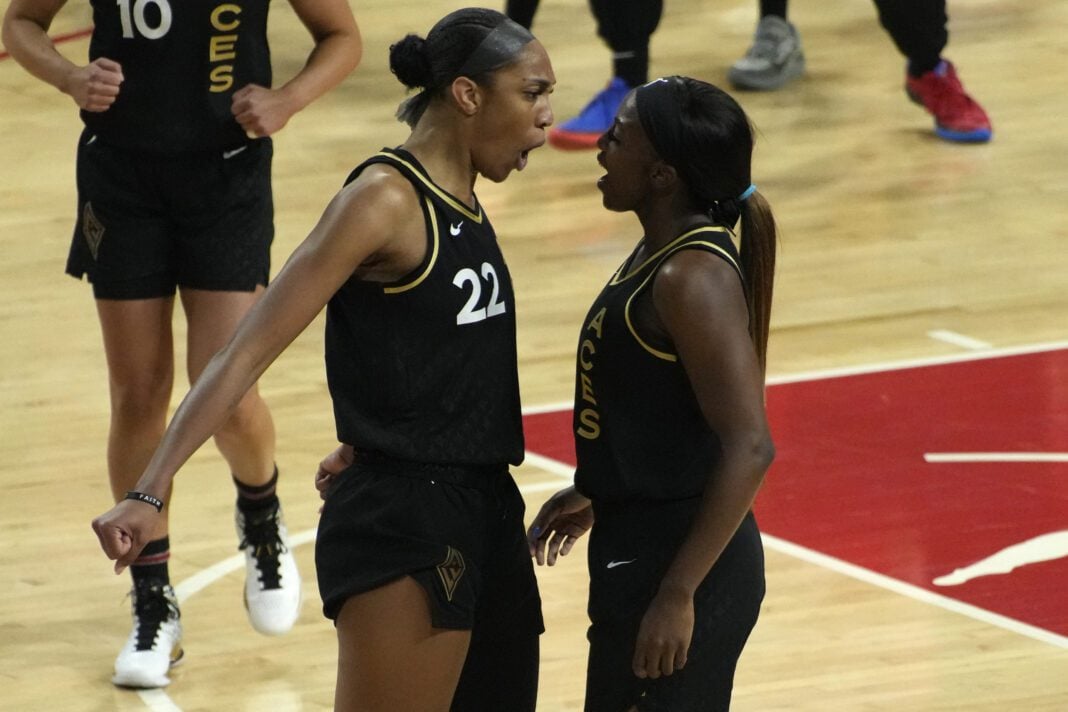 Indiana native and WNBA champion Jackie Young alongside Las Vegas Aces DPOY and MVP A'ja Wilson during their 2023 WNBA Finals run.