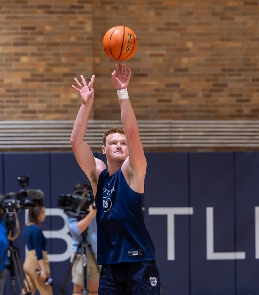 John-Michael Mulloy working on his shot during Butler Men's Basketball Media Day on Oct. 17 at Hinkle Fieldhouse in Indianapolis, IN.  Mulloy understands the importance of financial literacy and how it ties into sports. (Photo/Walt Thomas)