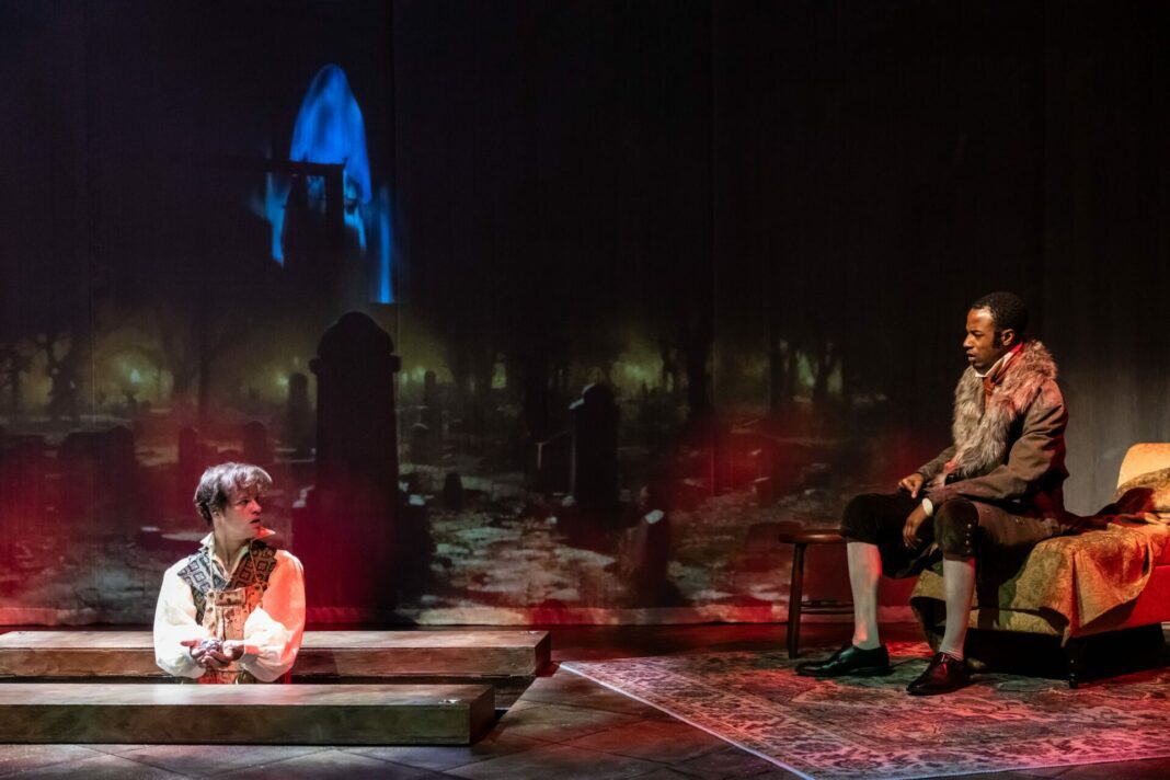 Ty Fanning, Andrea San Miguel and Terry Bell in the Indiana Repertory Theatre’s production of “Mary Shelley’s Frankenstein,” onstage now through Oct. 14, 2023. (Photo/Zach Rosing)