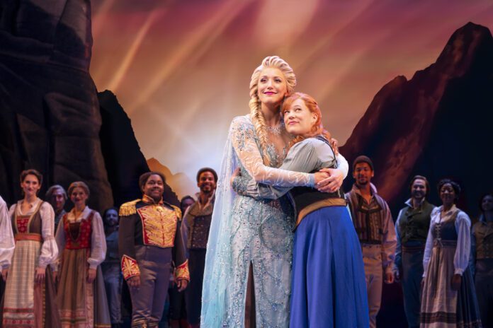 Caroline Bowman (Elsa) and Lauren Nicole Chapman (Anna) with Fishers native Evan Duff (Duke of Westleton) in the Broadway National Tour of Disney’s “Frozen.” (Photo provided/Broadway in Indianapolis)
