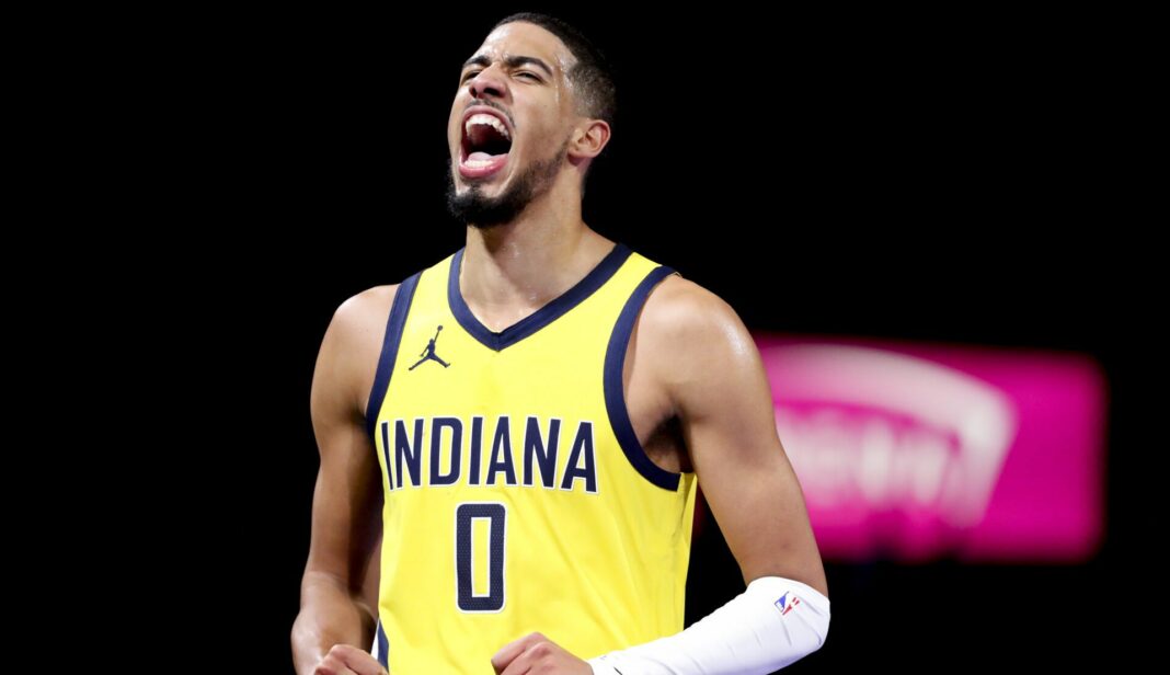 Indiana Pacers player Tyrese Haliburton screaming
