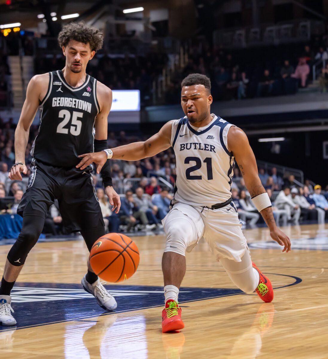 Butler Bulldogs versus Georgetown Hoyas men's basketball game at Hinkle Fieldhouse on December 19, 2023.