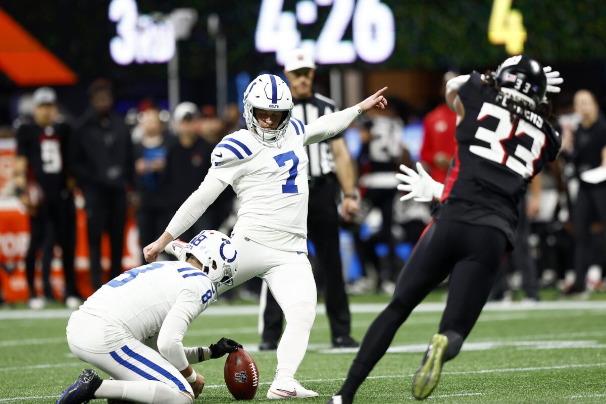 A kicker during an NFL football game between Atlanta and Indianapolis.