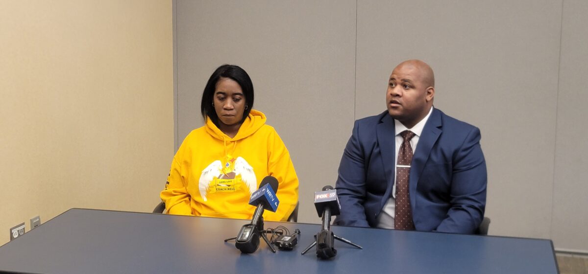 Tiffany Hamilton, the wife of Richard Donnell 'Coach Nell' Hamilton and Indiana State Police Detective Allen during a press conference on the one year anniversary of Hamilton's passing, on January 11, 2024. (Photo/Noral Parham III)
