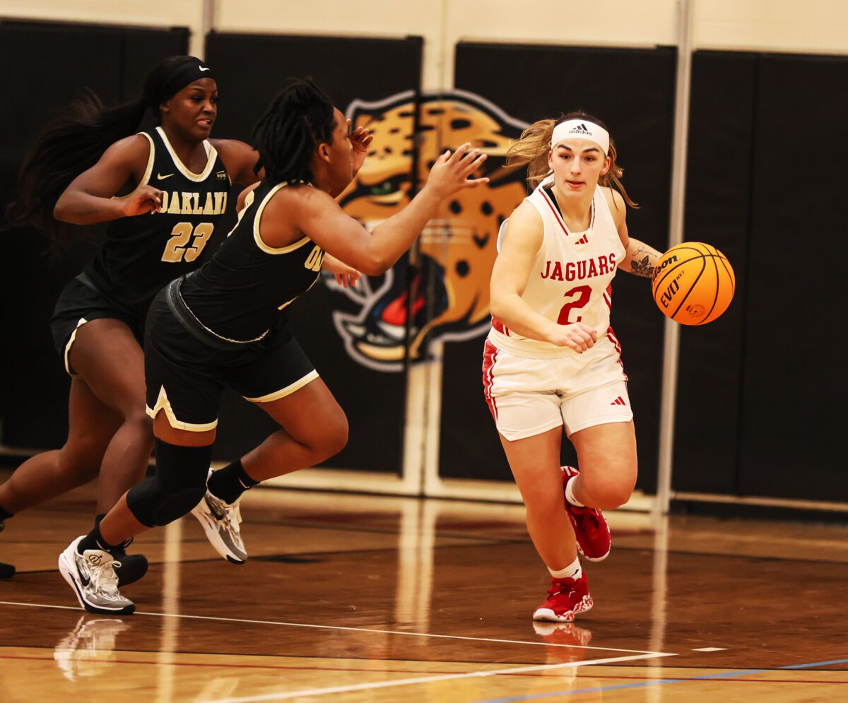 a IUPUI basketball player during the IUPUI Lady Jaguars versus Oakland Golden Grizzlies women's basketball game on January 28, 2024.