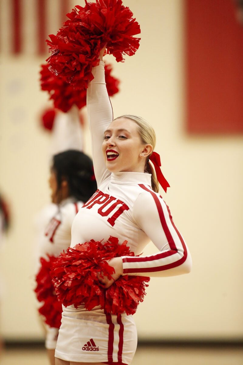 A cheerleader during the IUPUI Lady Jaguars versus Oakland Golden Grizzlies women's basketball game on January 28, 2024.