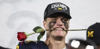 Michigan Wolverines quarterback J.J. McCarthy (9) following the Rose Bowl CFP NCAA semifinal college football game against Alabama, Monday, Jan. 1, 2024, in Pasadena, Calif. Michigan defeated Alabama in overtime, 27-20. (AP photo/Ben Liebenberg)
