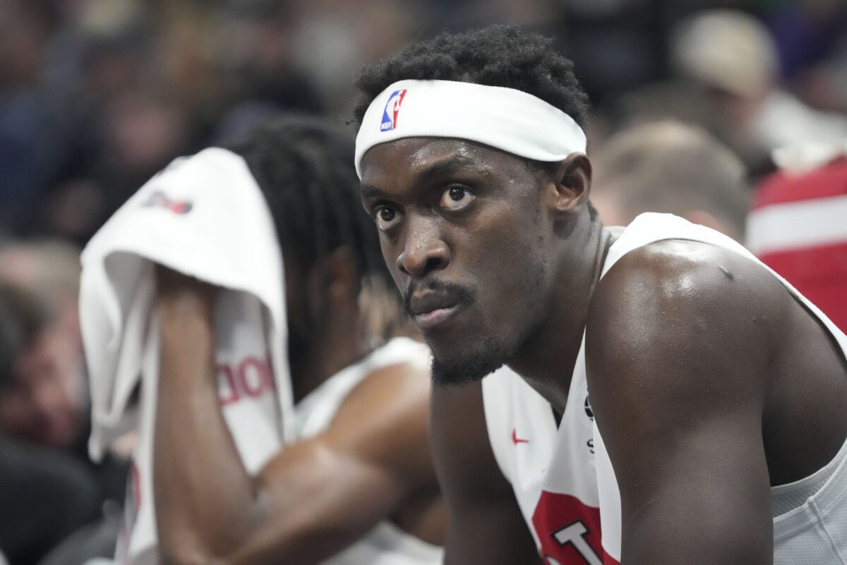 Toronto Raptors forward Pascal Siakam sits on the bench during the first half of an NBA basketball game against the Utah Jazz, Friday, Jan. 12, 2024, in Salt Lake City. (AP Photo/Rick Bowmer)