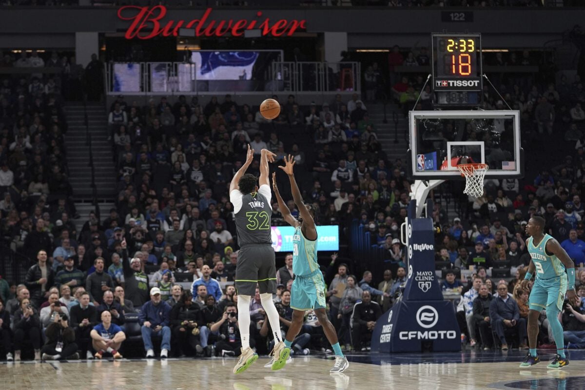 Minnesota Timberwolves center Karl-Anthony Towns (32) shoots over Charlotte Hornets center Nathan Mensah during the first half of an NBA basketball game, Monday, Jan. 22, 2024, in Minneapolis. (AP Photo/Abbie Parr) , NBA History