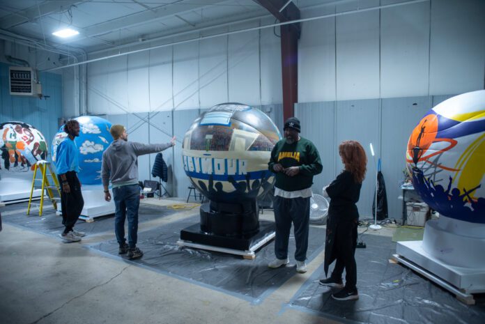 "Hoosier Historia" is a public art installation featuring 24 six-foot basketball sculptures depicting All-Star moments in Indiana Basketball History. (Photo provided/Jourdain Brown)