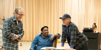 Nathan Garrison (stage manager), Maiesha McQueen (Fannie Lou Hamer), Henry D. Godinez (director), and Morgan E. Stevenson (musical director) in rehearsal for the IRT's 2024 production of “Fannie: The Music and Life of Fannie Lou Hamer.” (Photo/Noelani Langille)