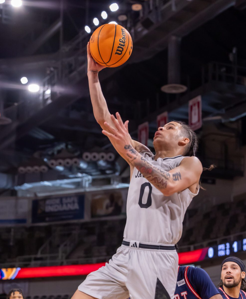 IUPUI Jaguar Jlynn Counter scored a team high 23 points in their game against the Robert Morris Colonials at Indiana Farmers Coliseum on January 20, 2024. (Photo/Walt Thomas)