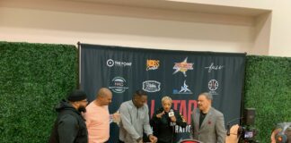 Nobles Darby IV (Chaplain for Cleveland Cavaliers and Cleveland Browns), Damon Gunn (Chaplain for Houston Rockets) Dru Evans, Colin Pinkney (Chaplain for Charlotte Hornets), Herbie Kuhn (Chaplain & PA Announcer for Toronto Raptors). (Photo provided/Colin Pinkney)
