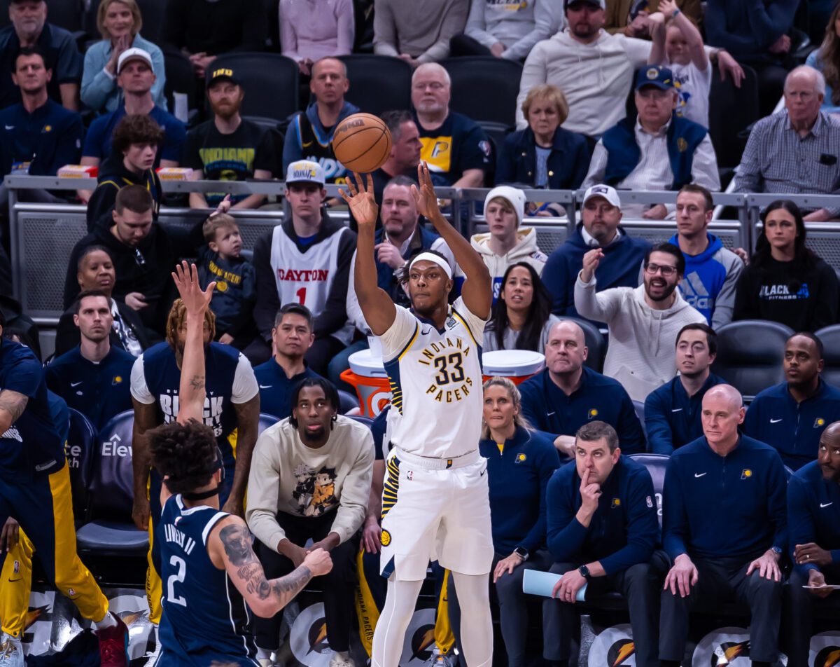 Indiana Pacers center Myles Turner (33) puts up the long ball against the Dallas Mavericks during their matchup at Gainbridge Fieldhouse, located in Downtown Indianapolis, IN., on February 25, 2024. (Photo/Walt Thomas)