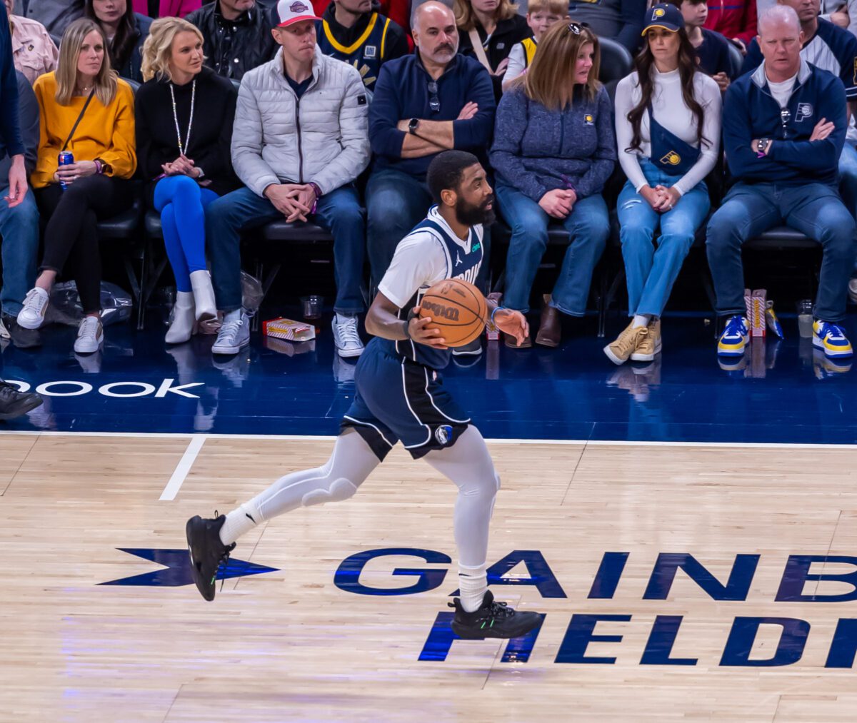 Dallas Mavericks guard Kyrie Irving (2) brings the ball up the court  during their matchup at Gainbridge Fieldhouse, located in Downtown Indianapolis, IN., on February 25, 2024. (Photo/Walt Thomas)