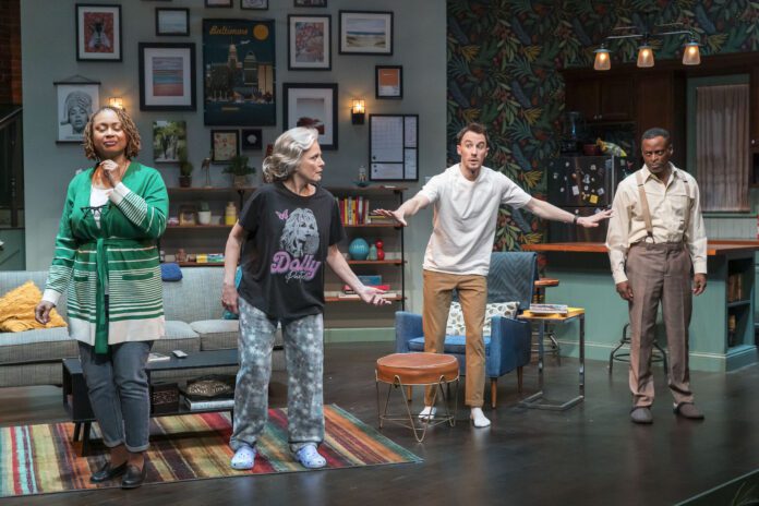 Pamela Harrison (Olivia D. Dawson), Maureen Littlefield (Tracey Michelle Arnold), Brandon Littlefield (Garrett Young) and Vernon Harrison (Sean Blake) in the IRT's 2024 production of “The Folks at Home.” (Photo/Zach Rosing)