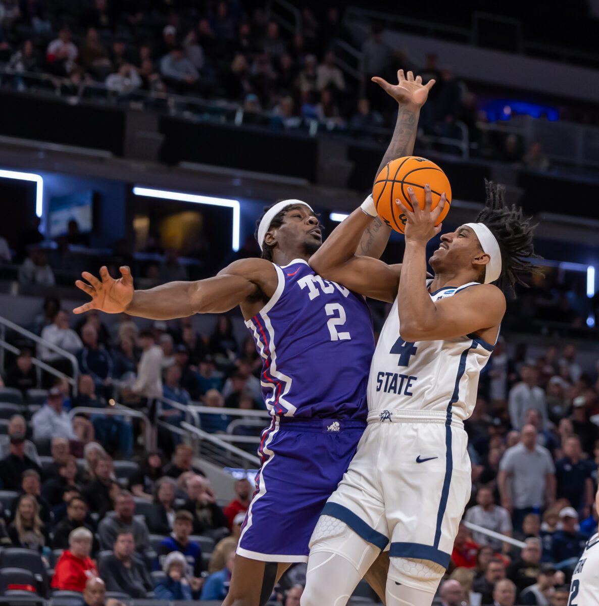 Texas Christian University (TCU) versus Utah State during the NCAA Men's Basketball Tournament on March 22, 2024 at Gainbridge Fieldhouse in Downtown Indianapolis, IN. Photo taken by Walt Thomas.