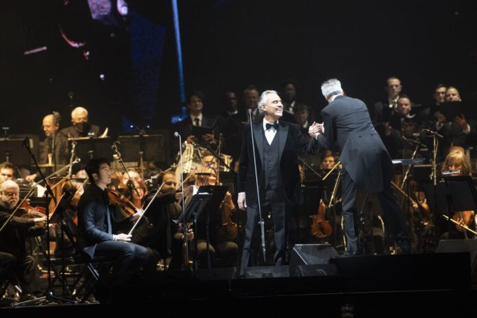 Andrea Bocelli performing with the Indianapolis Symphony Orchestra at Gainbridge Fieldhouse, Dec. 7, 2022. (Photo/Tom Russo)