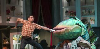 Dominique Allen Lawson and Rob Johansen (Audrey II, Manipulation) in the IRT's 2024 production of "Little Shop of Horrors." (Photo/Zach Rosing)