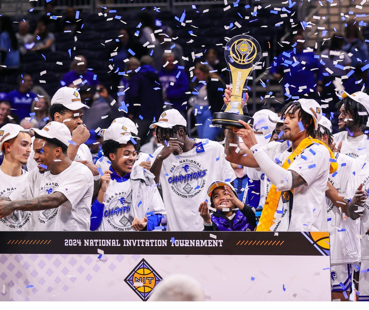 Indiana State University versus Seton Hall, April 4, 2024, Hinkle Fieldhouse, Indianapolis, Indiana, NIT Championship game. Photo by David Dixon.