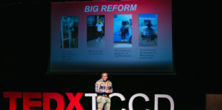 the face of prison reform Keidrain Brewster giving a TED talk. Photo used for story on recidivism.